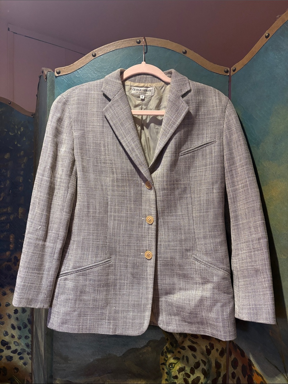 Vintage Giorgio Armani Light Gray Plaid Single-Breasted Silk Blazer